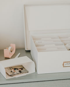 Simply Spaced archival photo and card organizer box in white.