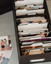 Load image into Gallery viewer, Simply Spaced archival photo and card organizer box in black with index dividers.
