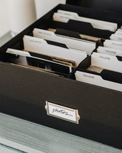 Load image into Gallery viewer, Simply Spaced archival photo and card organizer box in black with index dividers.

