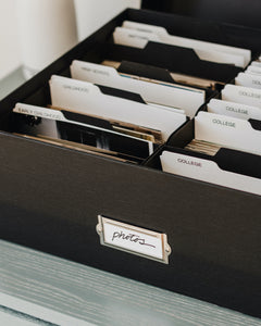 Simply Spaced archival photo and card organizer box in black with index dividers.
