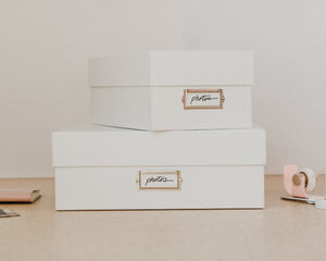 Simply Spaced archival photo and card organizer boxes in white.